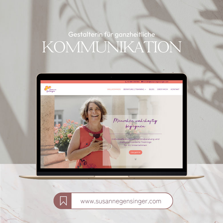 Portfolio designherzvoll - Websitegestaltung: Startseite mockup auf Laptop mit Foto von Susanne Gensinger, Kommunikationsgestalterin
